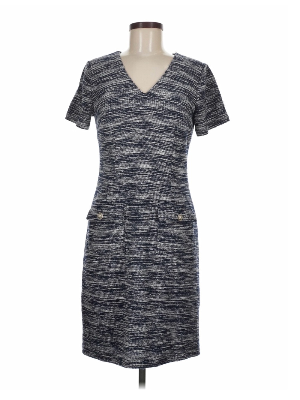 KARL LAGERFELD PARIS Black White Tweed Knit Dress V Neck Back Zip Pockets 12